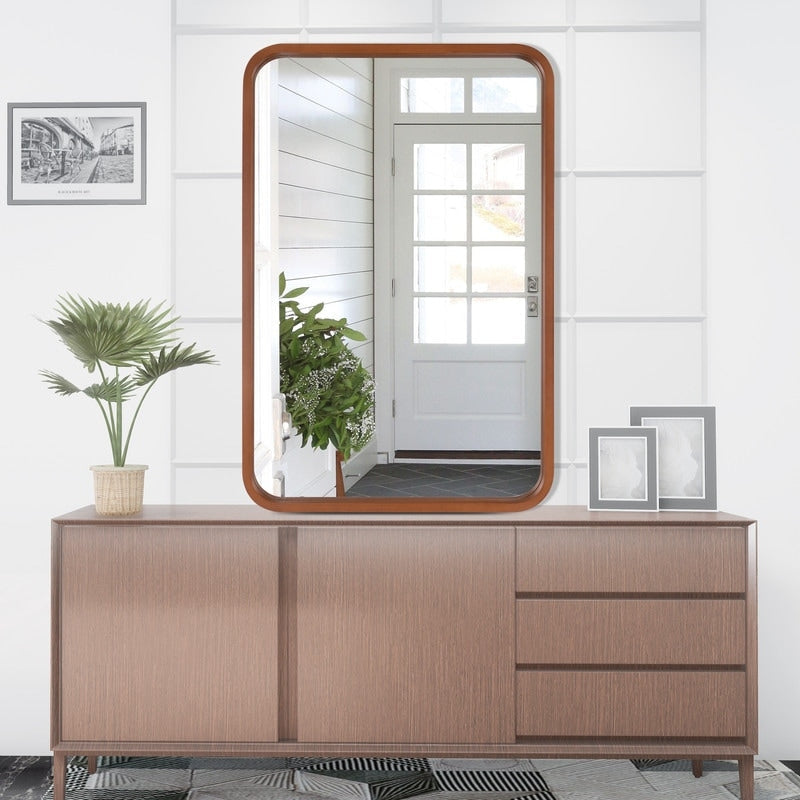 Miroir mural rectangulaire à coins arrondis de style ferme avec cadre en bois massif