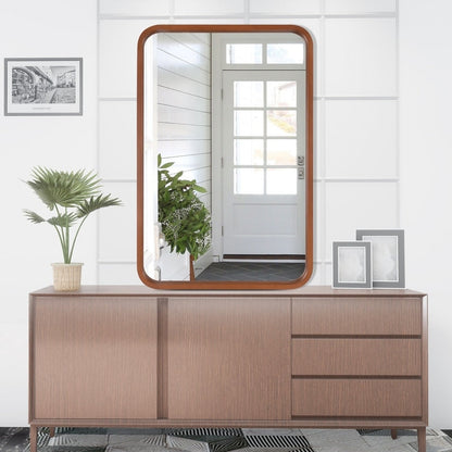 Miroir mural rectangulaire à coins arrondis de style ferme avec cadre en bois massif