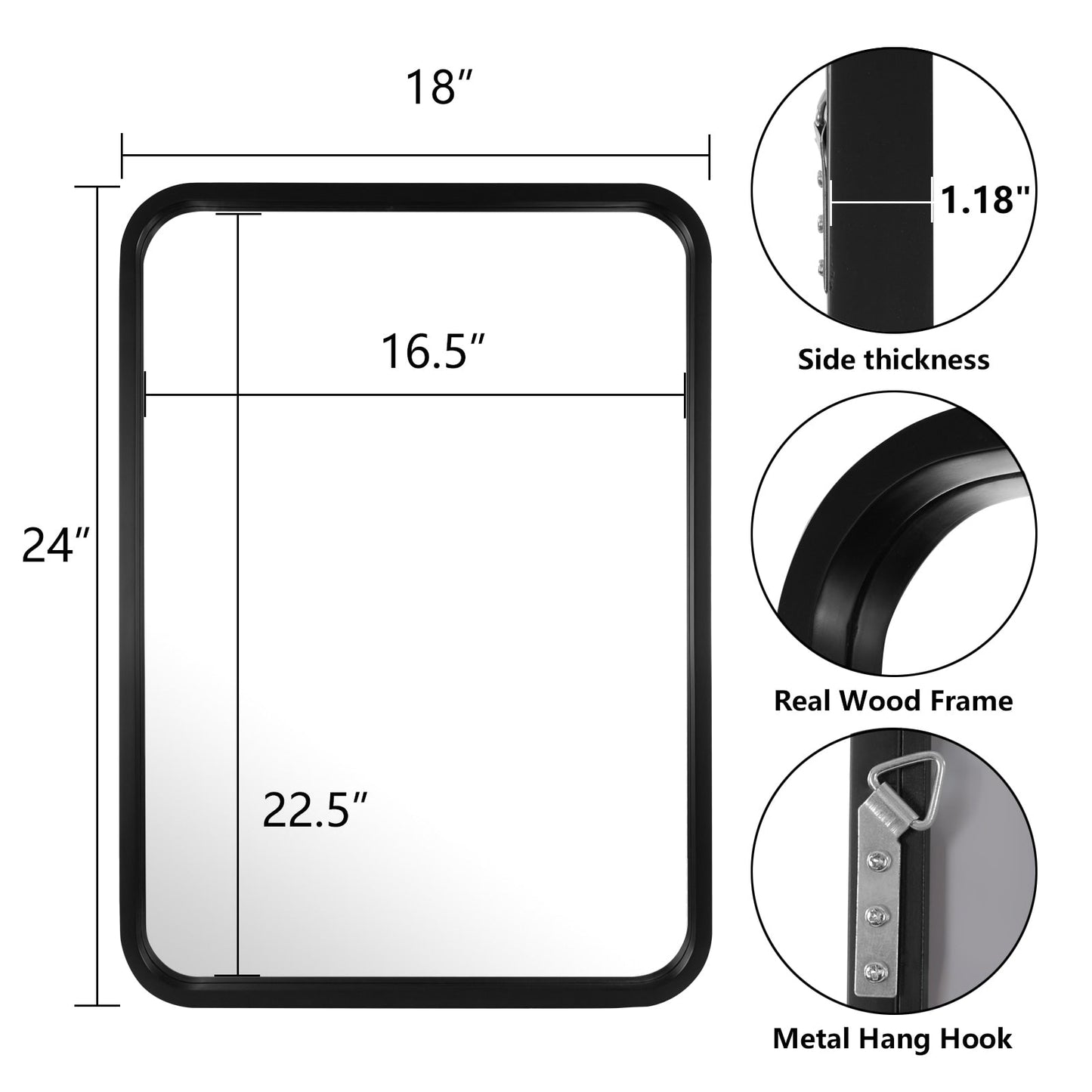 Miroir mural rectangulaire à coins arrondis de style ferme avec cadre en bois massif