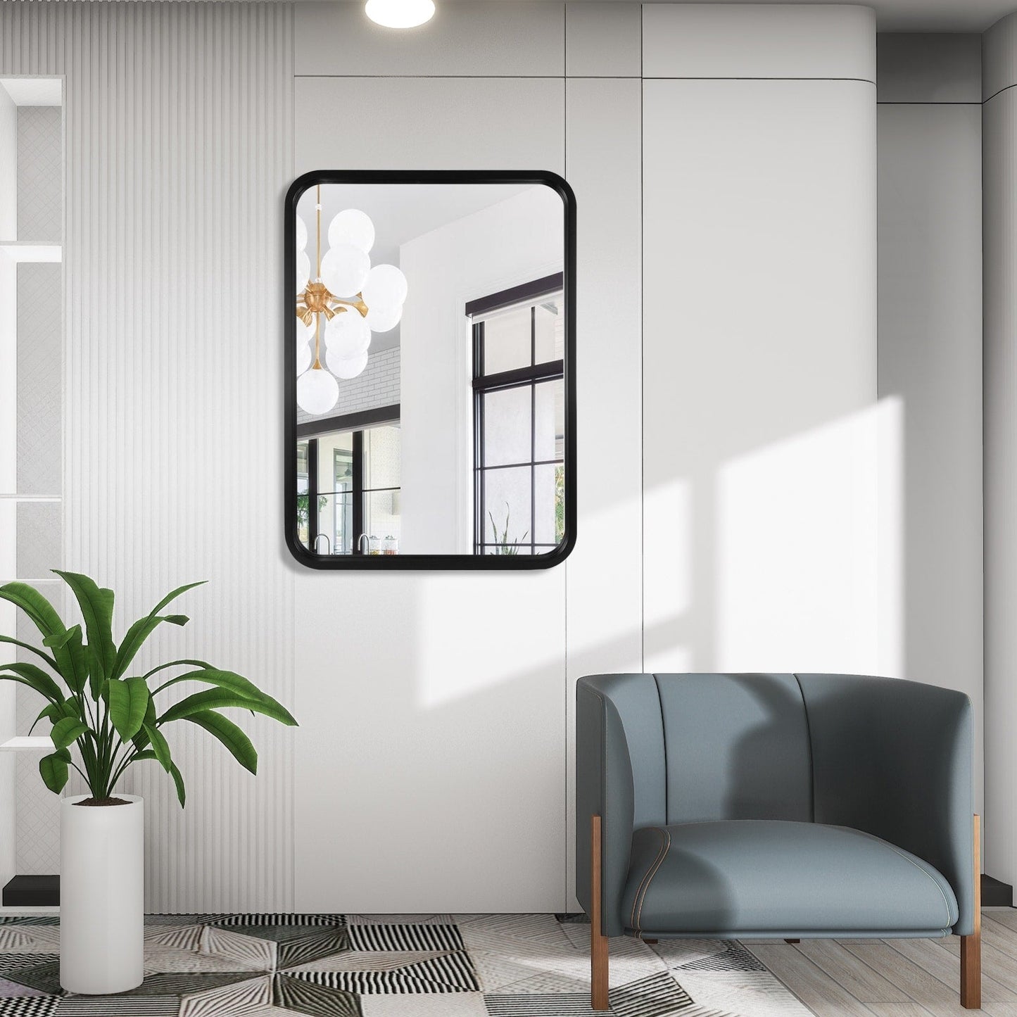 Miroir mural rectangulaire à coins arrondis de style ferme avec cadre en bois massif