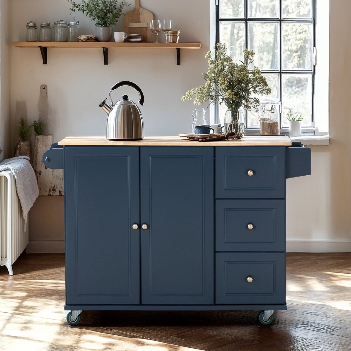 Chariot de cuisine Sophia &amp; William avec plateau rabattable en bois d'hévéa, chariot de cuisine roulant avec grand meuble de rangement