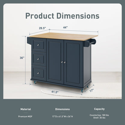 Chariot de cuisine Sophia &amp; William avec plateau rabattable en bois d'hévéa, chariot de cuisine roulant avec grand meuble de rangement