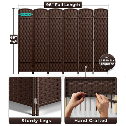 Paravent Sorbus à 6 panneaux, cloison de séparation haute et extra large, à double charnière, en maille tissée à la main, pliable - 1,83 m