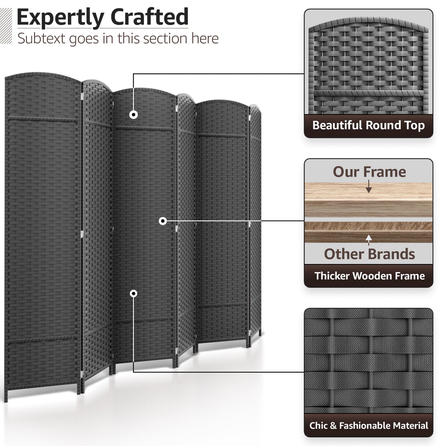 Paravent Sorbus à 6 panneaux, cloison de séparation haute et extra large, à double charnière, en maille tissée à la main, pliable - 1,83 m