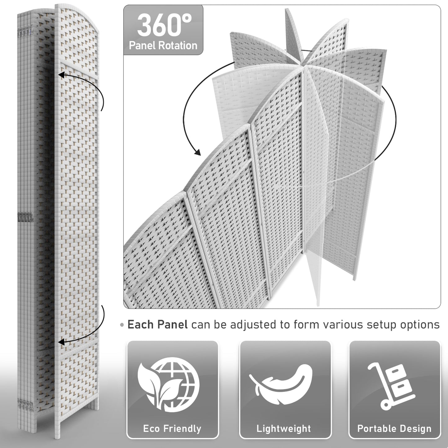 Paravent Sorbus à 6 panneaux, cloison de séparation haute et extra large, à double charnière, en maille tissée à la main, pliable - 1,83 m