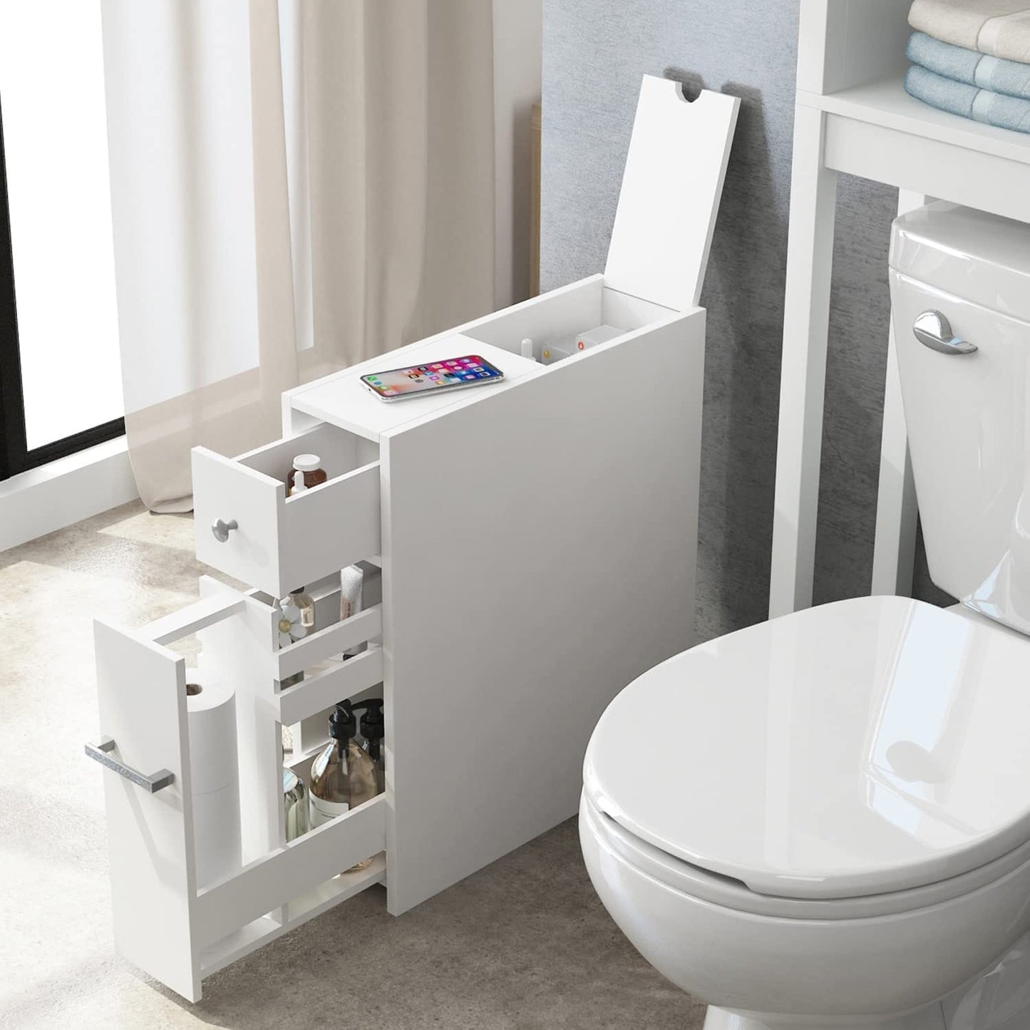 Meuble de rangement de salle de bain Spirich Home Slim, porte-papier toilette sur pied, tiroir coulissant pour meuble de salle de bain