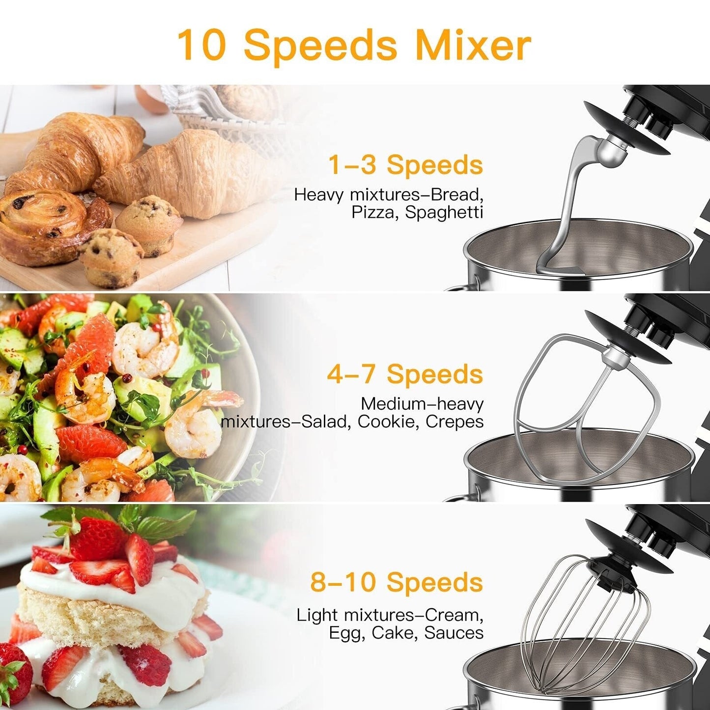 Robot pâtissier - Capacité de 7,5 L, 10 vitesses, moteur de 660 W