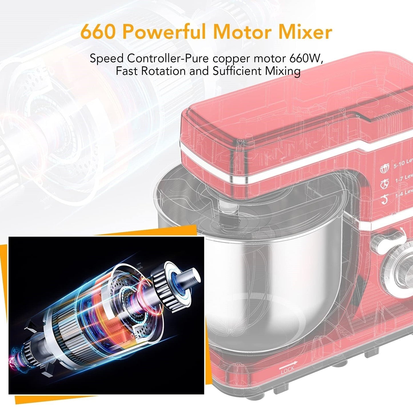 Robot pâtissier - Capacité de 7,5 L, 10 vitesses, moteur de 660 W