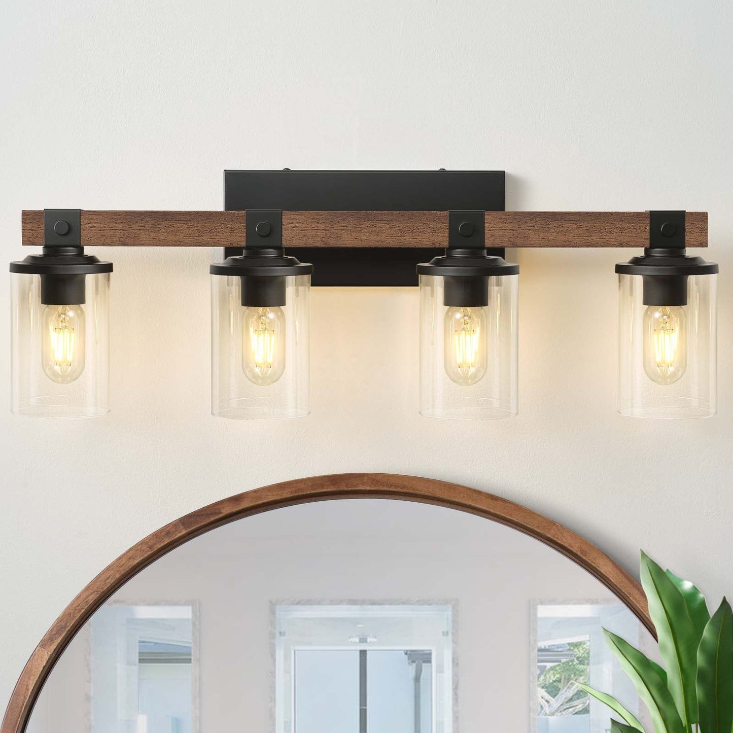 Applique murale de salle de bain Starsky à 2/3/4 lumières, style ferme moderne, à intensité variable, avec abat-jour cylindrique transparent.