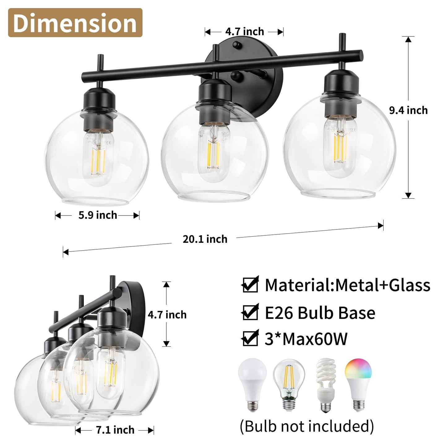 Applique murale moderne Starsky à 4 lumières avec variateur et abat-jour en verre globe