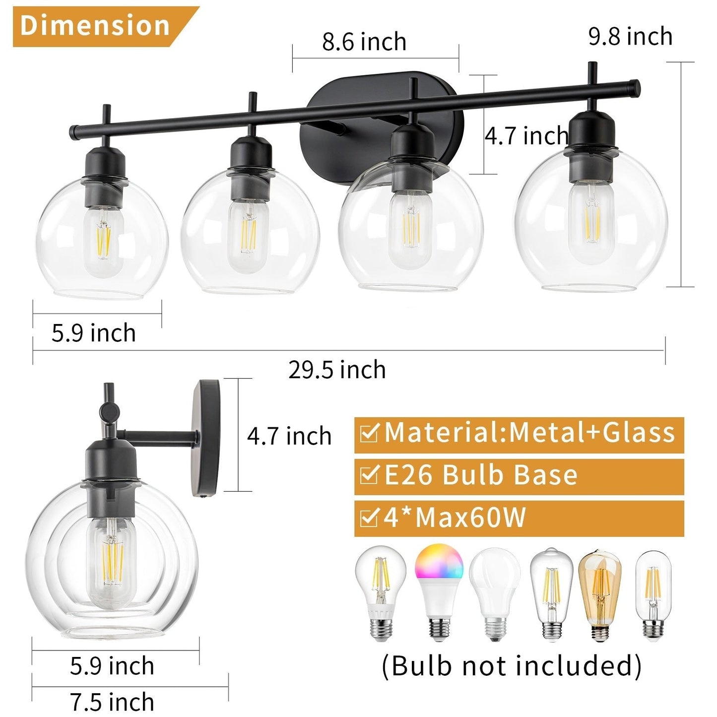 Applique murale moderne Starsky à 4 lumières avec variateur et abat-jour en verre globe