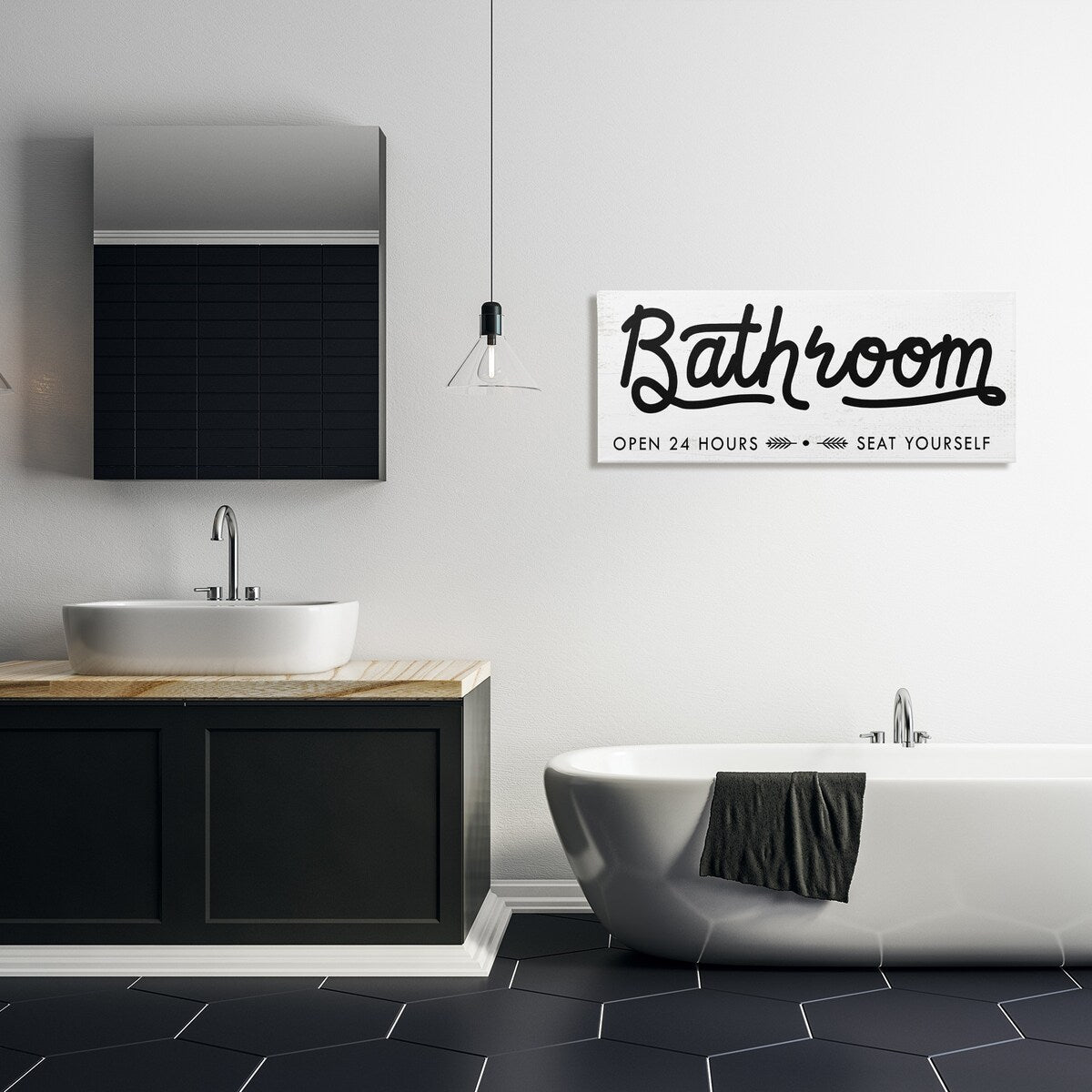 Panneau de salle de bain Stupell « Asseyez-vous » - Toile murale minimaliste noire et blanche