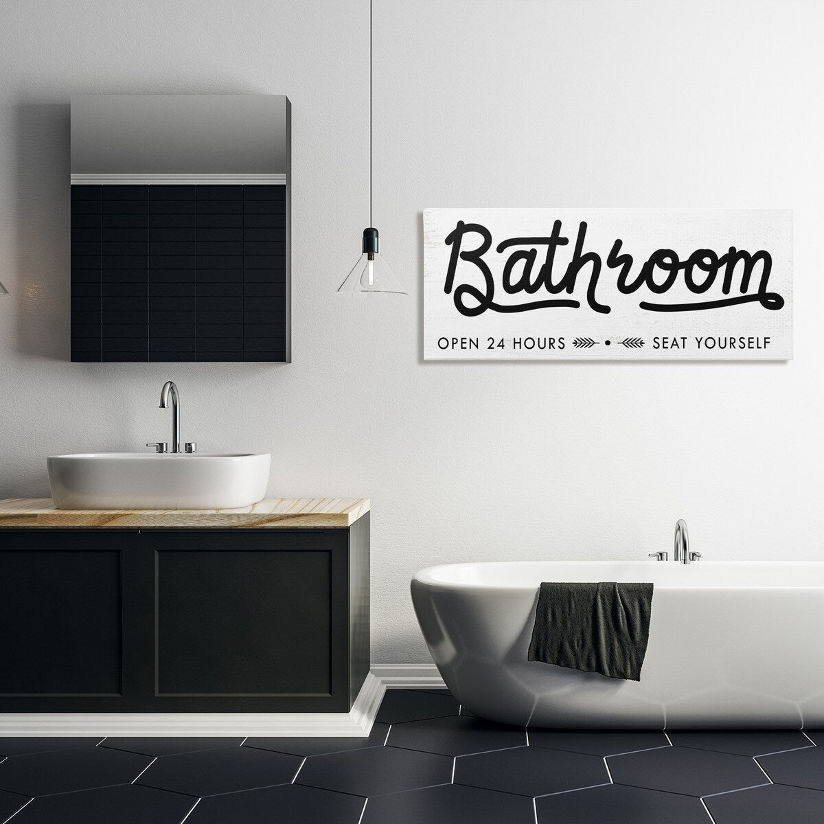 Panneau de salle de bain Stupell « Asseyez-vous » - Toile murale minimaliste noire et blanche
