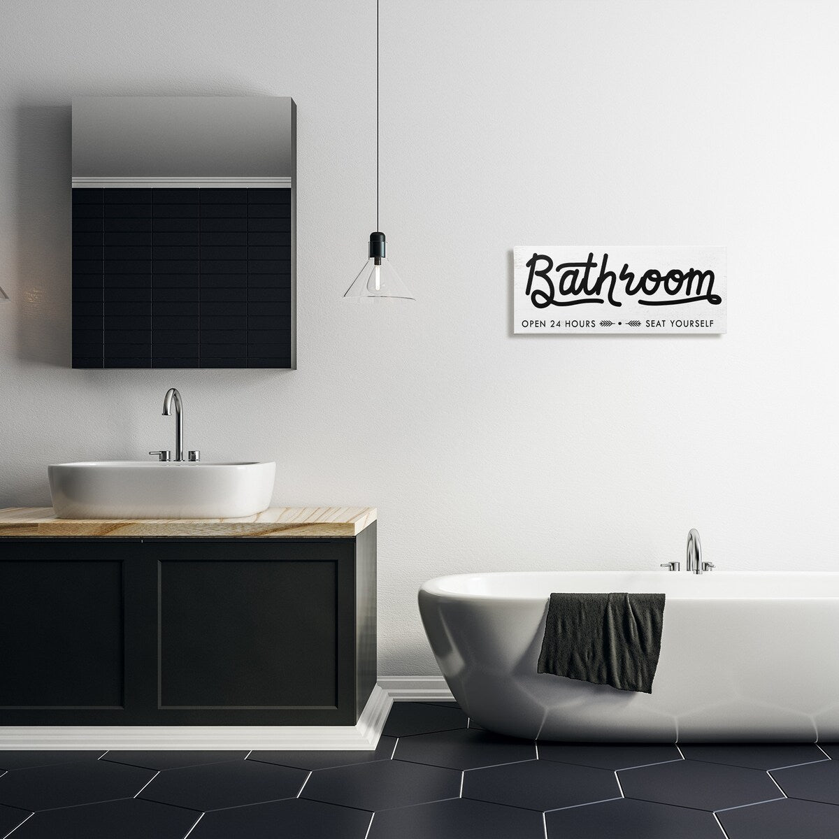 Panneau de salle de bain Stupell « Asseyez-vous » - Toile murale minimaliste noire et blanche