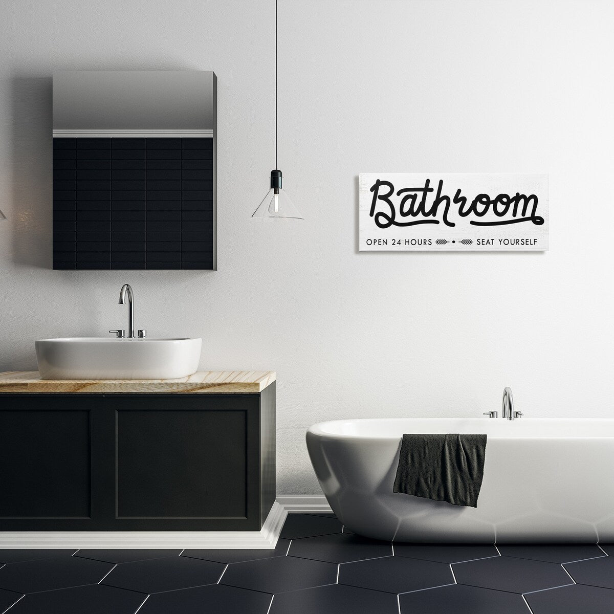 Panneau de salle de bain Stupell « Asseyez-vous » - Toile murale minimaliste noire et blanche