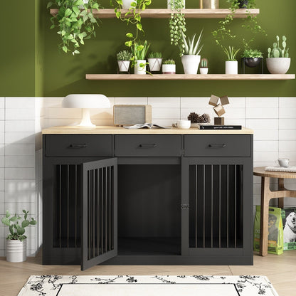 Meuble élégant en bois pour cage de transport pour chien avec rangement et 3 tiroirs