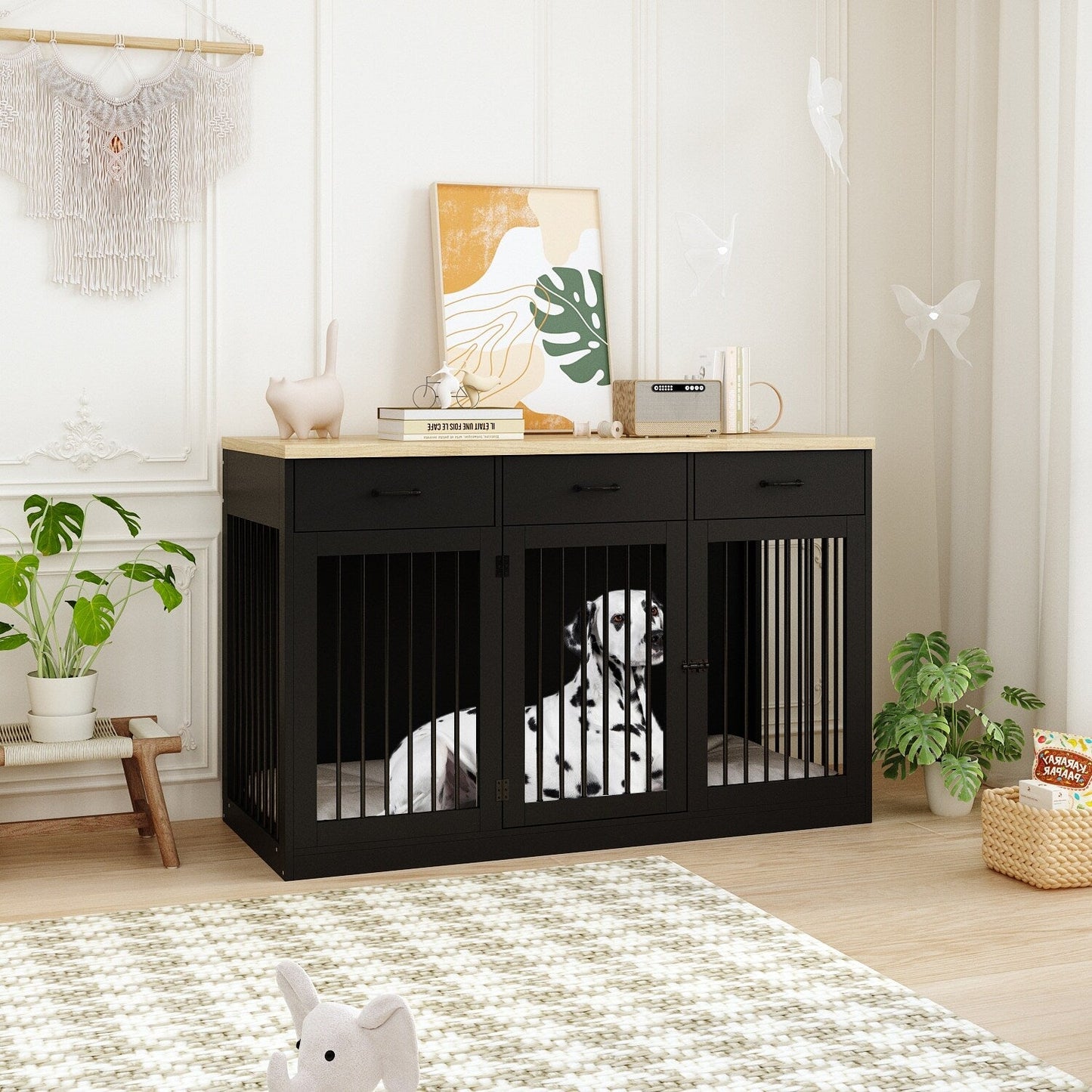 Meuble élégant en bois pour cage de transport pour chien avec rangement et 3 tiroirs