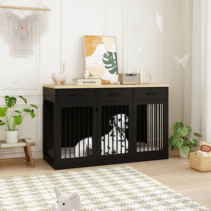 Meuble élégant en bois pour cage de transport pour chien avec rangement et 3 tiroirs
