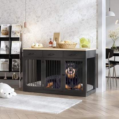 Meuble élégant en bois pour cage de transport pour chien avec rangement et 3 tiroirs