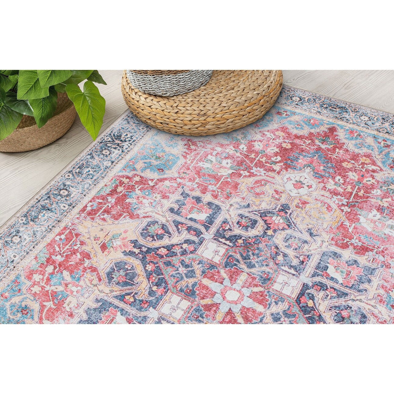 Traditional Distressed Vintage Machine Washbale Multi Area Rug