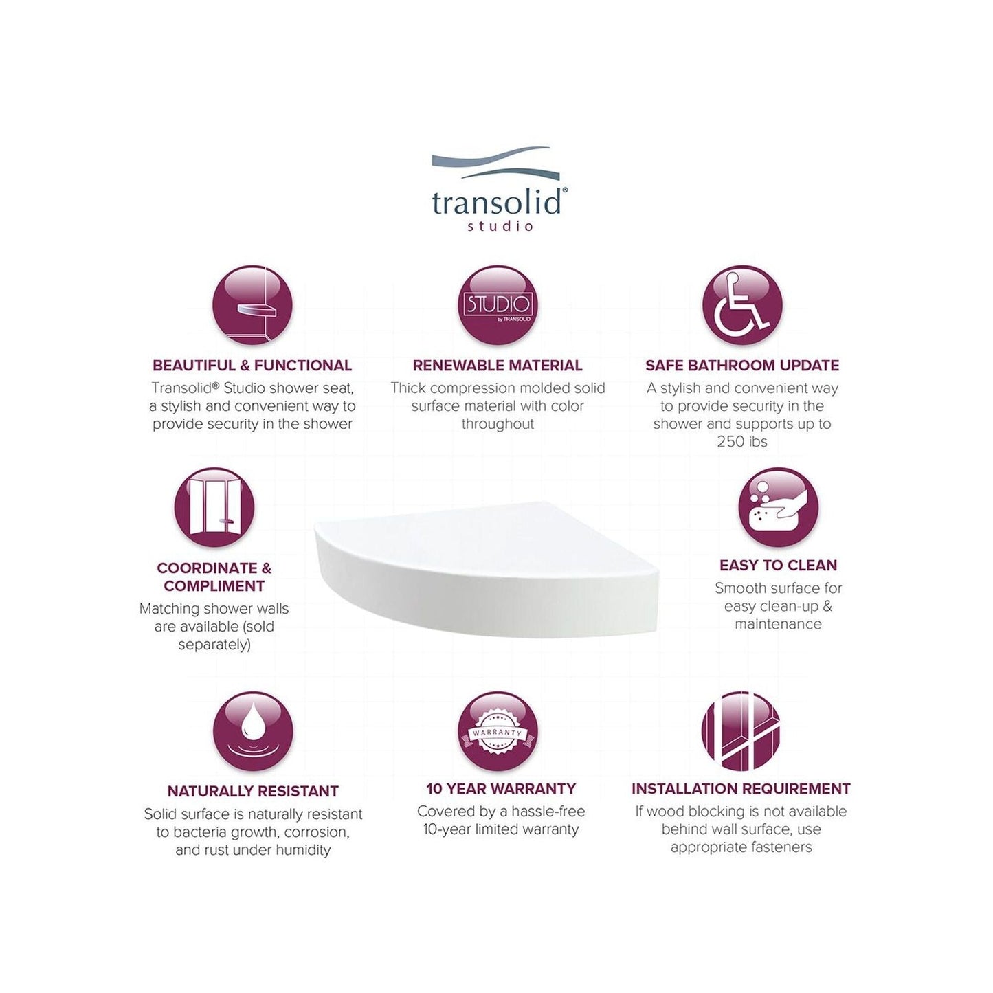 Transolid Studio 14-In X 14-In Solid Surface Wall-Mount Corner Shower Seat - 14.5 x 14.25 x 3