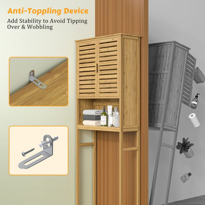 VEIKOUS Bamboo Over The Toilet Storage Cabinet Cupboard Bathroom Organizer with Adjustable Shelf and Double Doors