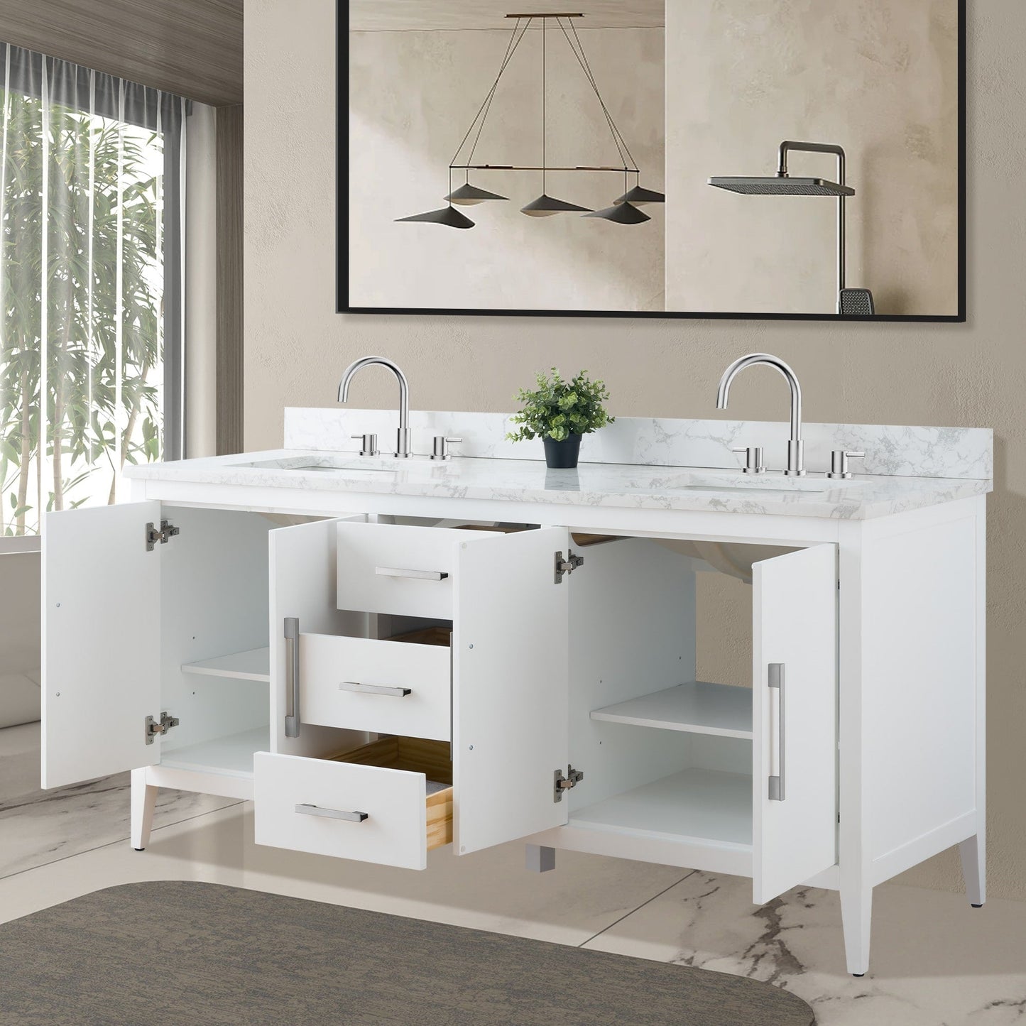 Vanity Art 72 Double Sink Bathroom Vanity Cabinet with Engineered Marble Top