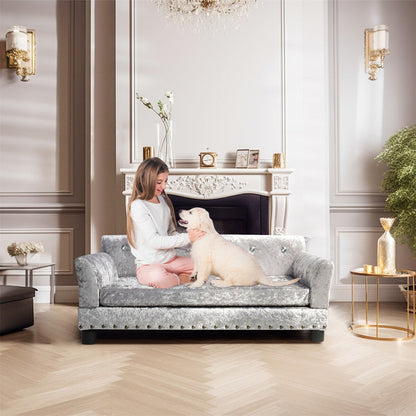 Velvet Tufted Couch Pet Bed Upholstered with Removable Cushion