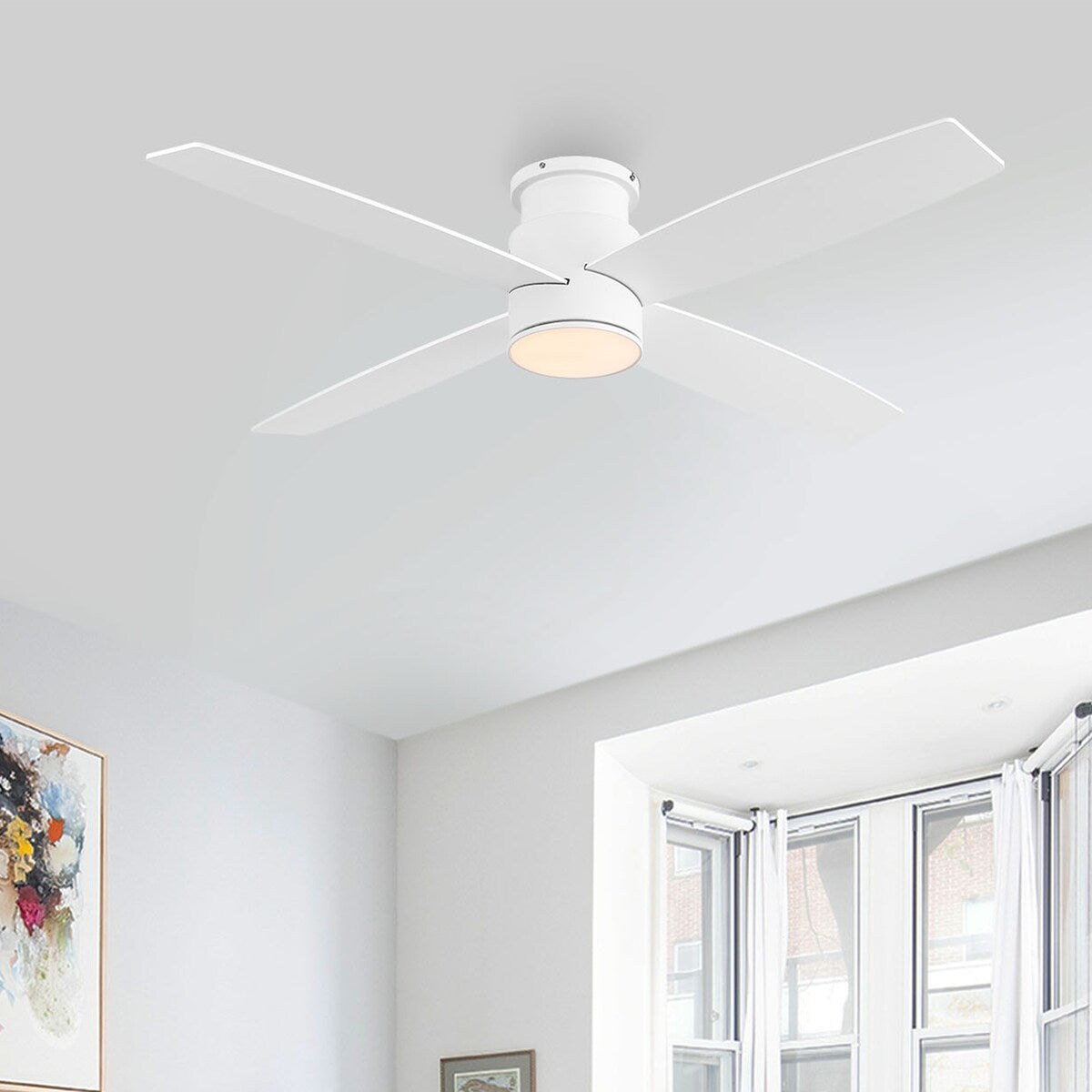 WINGBO 44/52 Inch Flush Mount DC Ceiling Fan with Lights and Remote, 4 Reversible Blades