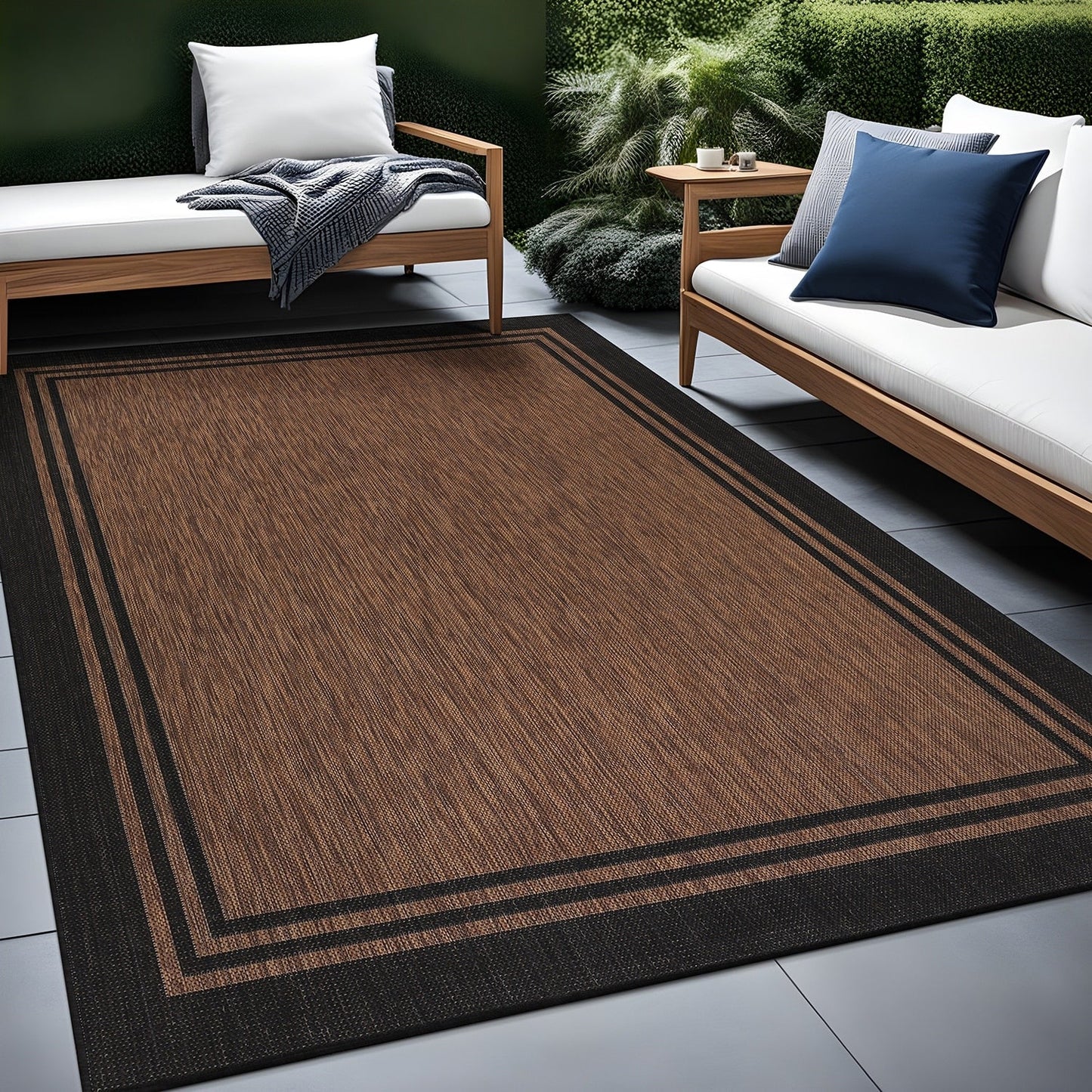 Washable Bordered Indoor Outdoor Rug for Patio, Deck, Porch