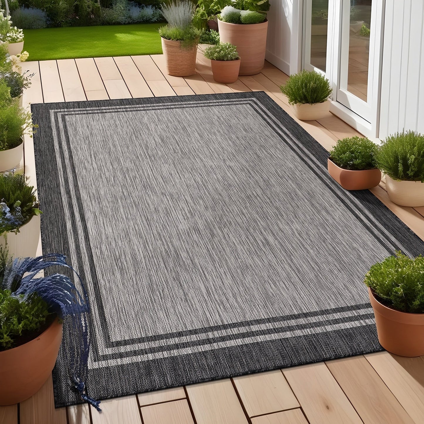 Washable Bordered Indoor Outdoor Rug for Patio, Deck, Porch