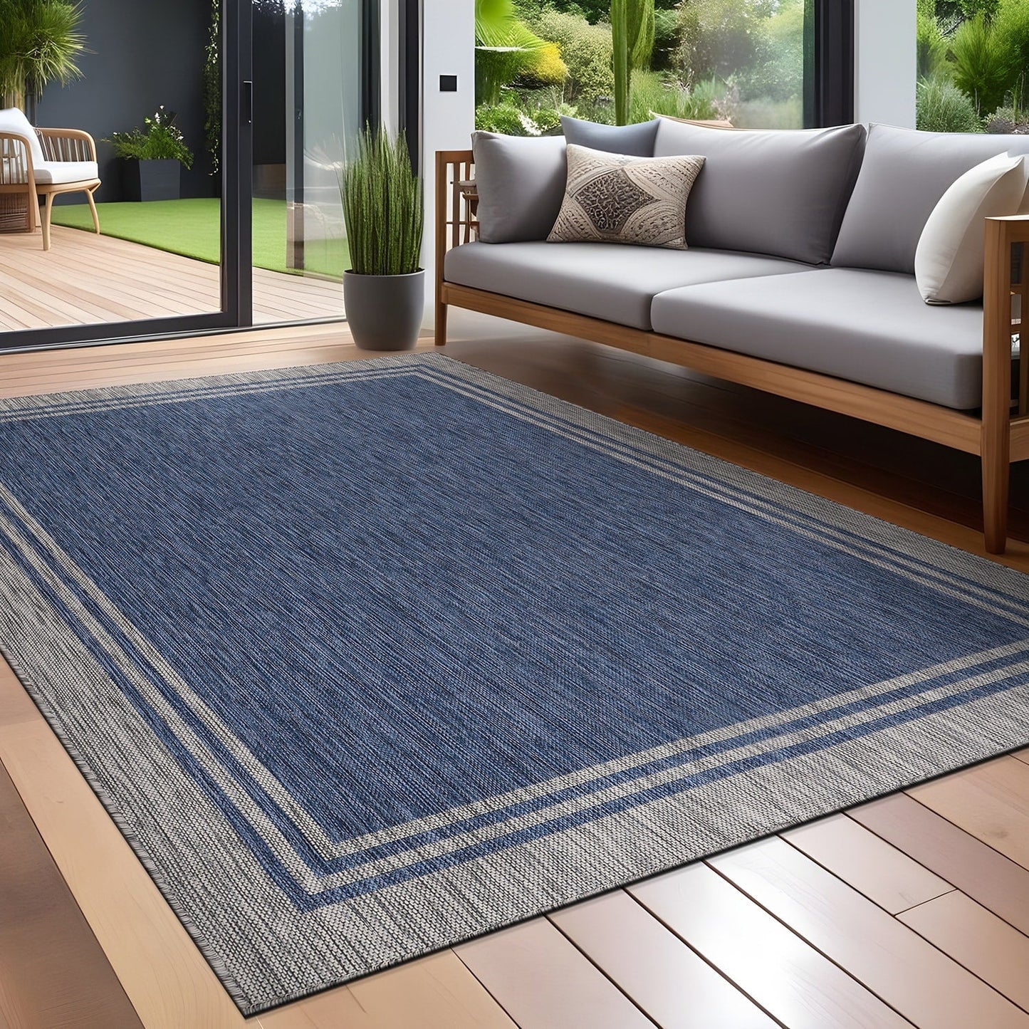 Washable Bordered Indoor Outdoor Rug for Patio, Deck, Porch