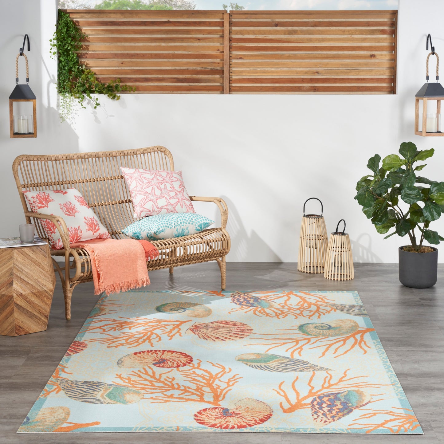 Waverly Sun & Shade Shore Thing Tropical Sea Shell Floral Indoor Outdoor Area Rug