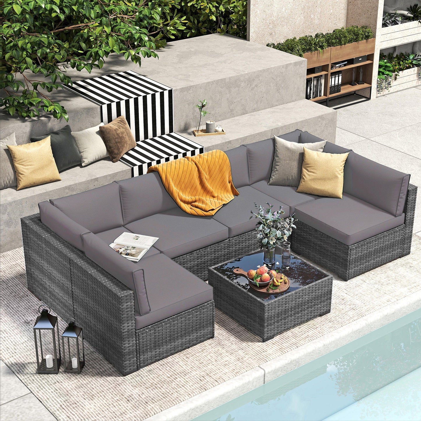 Wicker/ Steel 7-piece Outdoor Cushioned Sectional Sofa Set