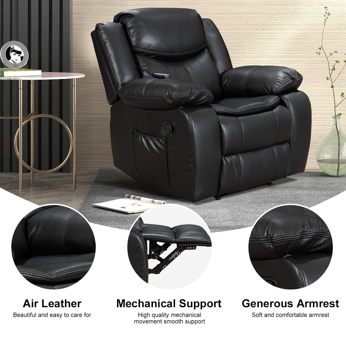Wide Seat Durable Leather Massage and Heat Recliner