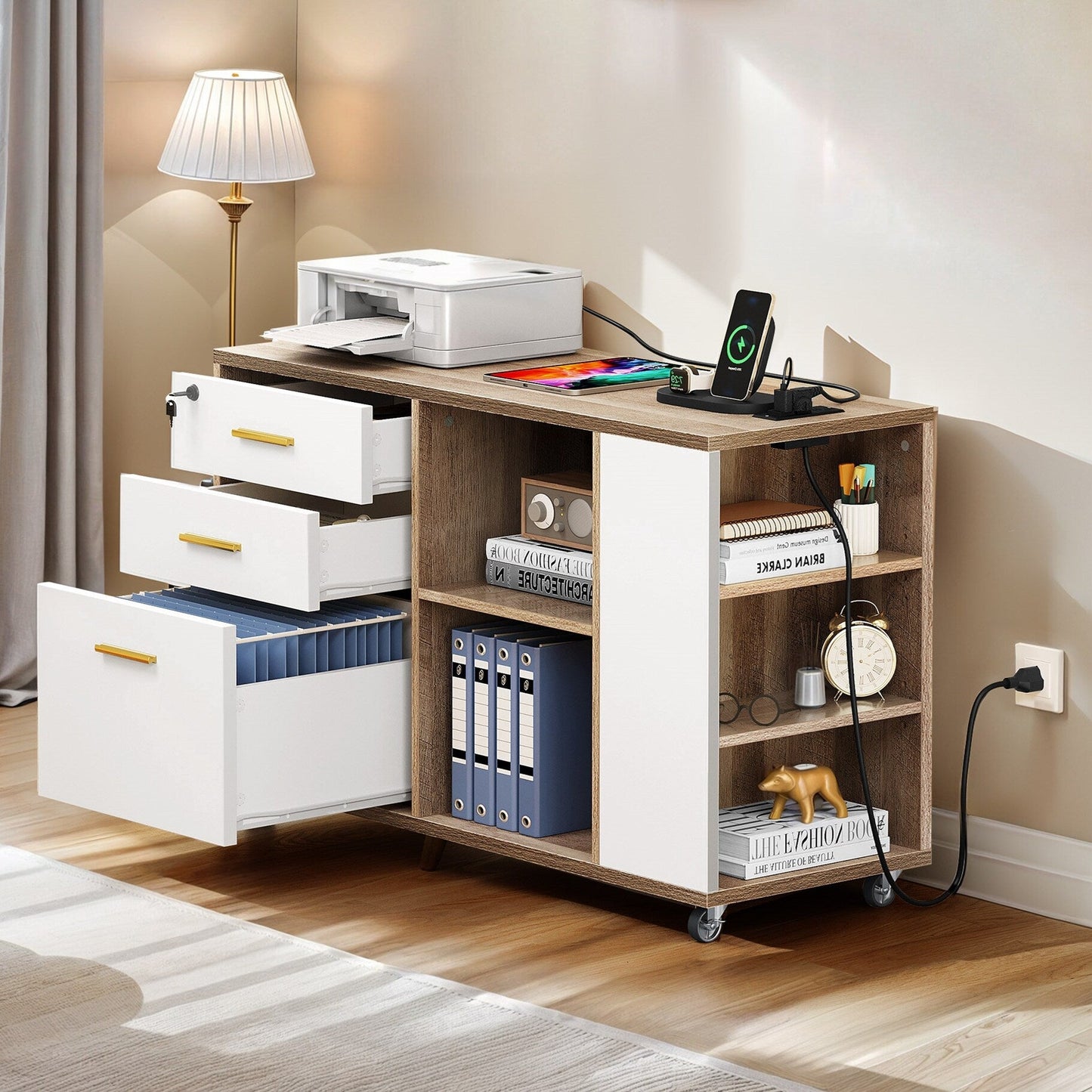 Wood File Cabinet with Charging Station Mobile Lateral Filing Cabinet Lockable Fits A4 Letter Legal Size Files