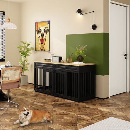 Wooden Double Dog Crate Kennel Furniture with 2 Drawers & Divider