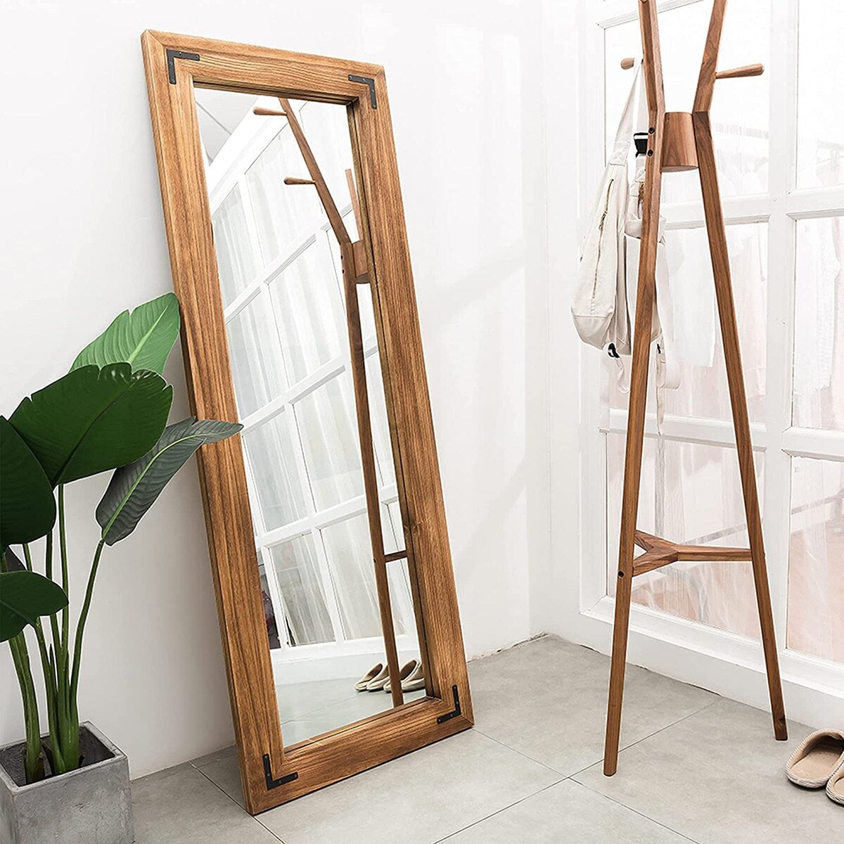 Miroir de sol pleine longueur avec cadre en bois rustique de style ferme - 65 x 24