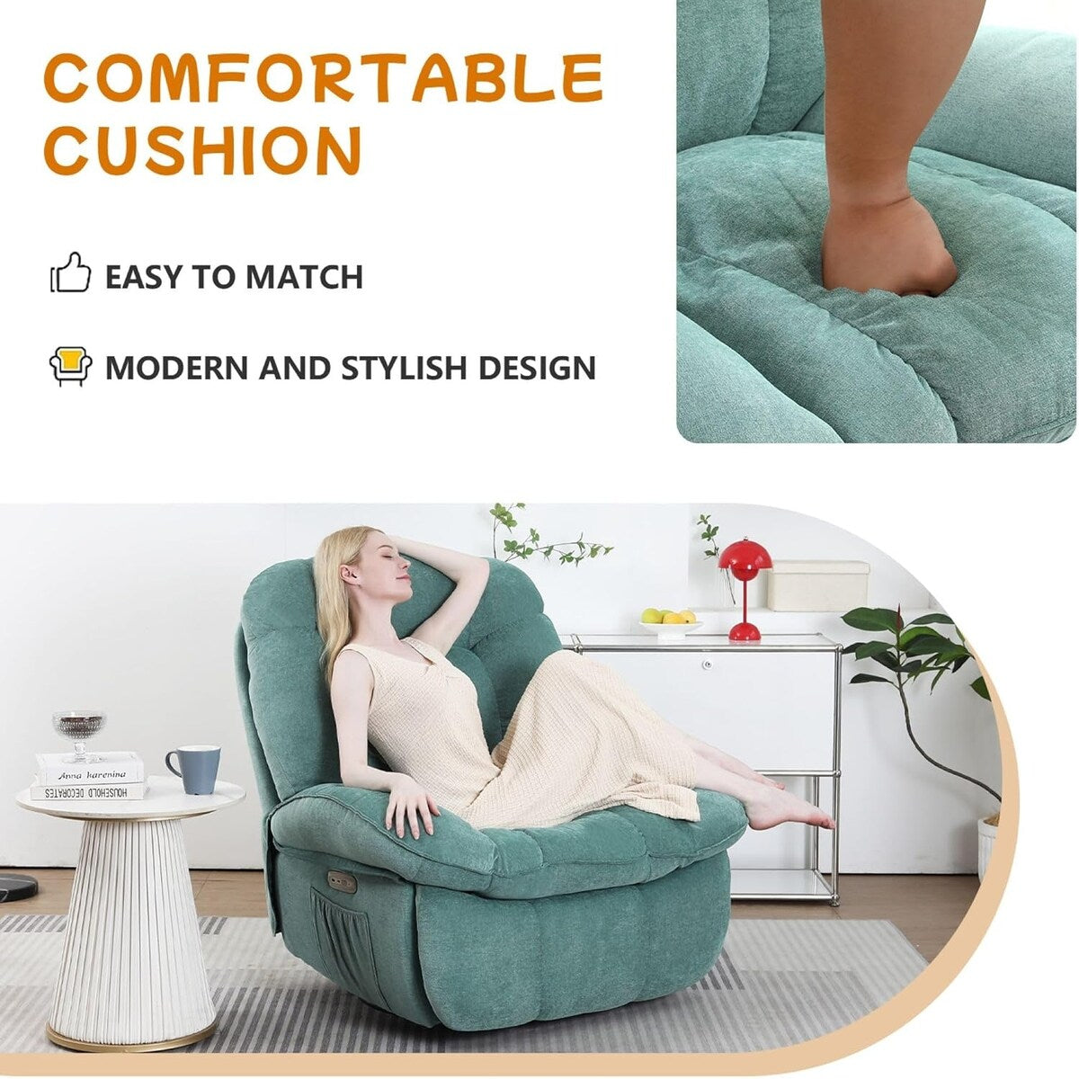 Fauteuil inclinable pivotant électrique XINMICS, fauteuils inclinables à bascule massants avec chauffage, USB, USB-C et poche latérale